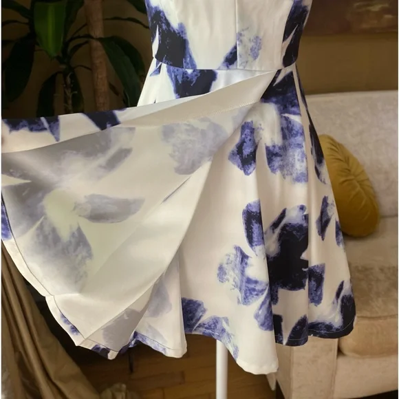Seeing Chic Blue and Ivory Print Skater Dress, XS - Picture 10 of 14